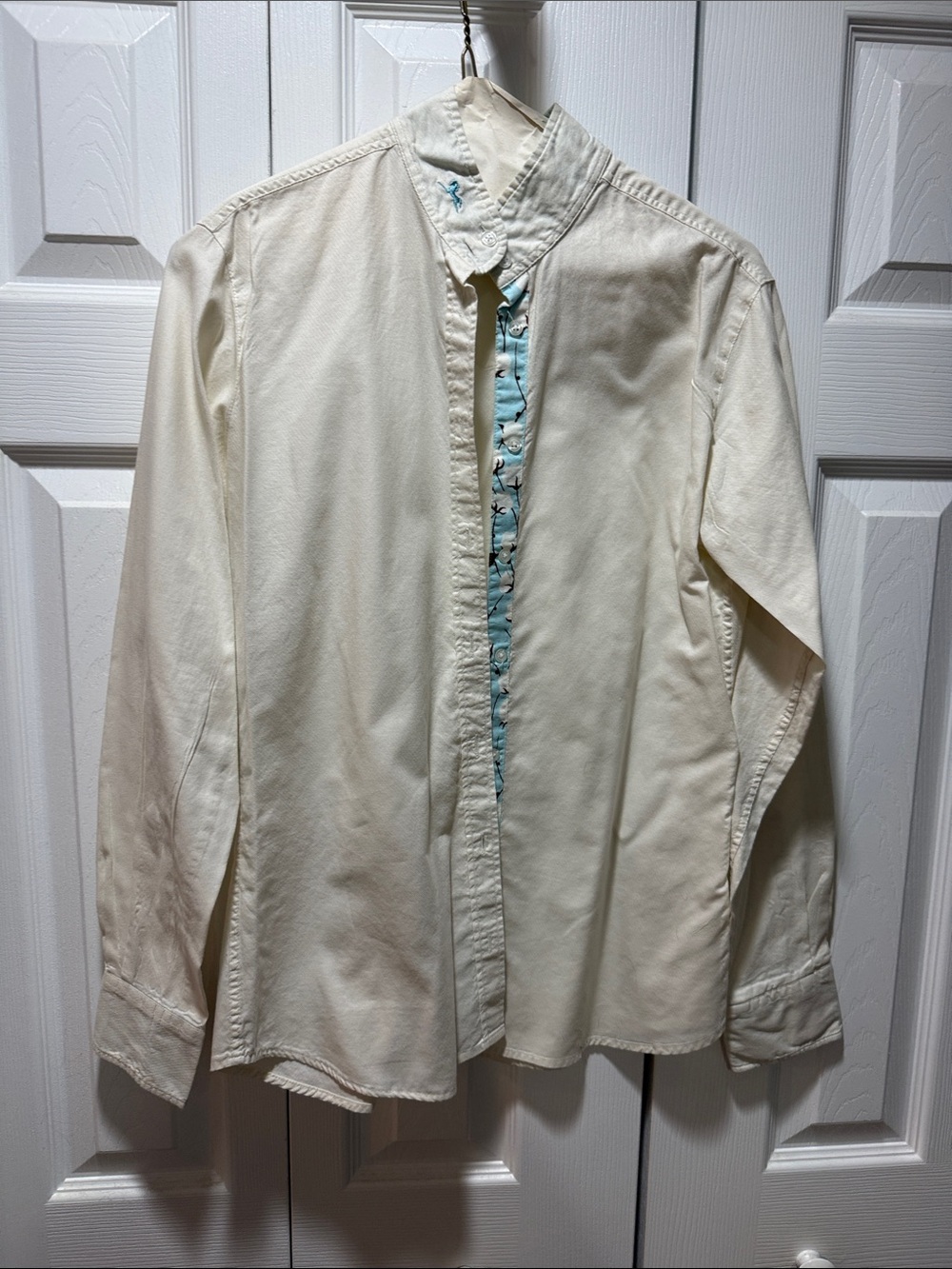 Cream Women's Button-Down Shirt with Light Blue Inner Placket